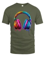 Colorful Paint Splash Headphones Music Lover Artistic Graphic Tee - military green t-shirt on white background
