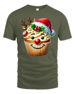 Funny Christmas Cupcake With Santa Hat Graphic T Shirt Sweet Tee - military green t-shirt on white background