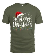Merry Christmas Script With Santa Hat Graphic T Shirt Festive Tee - military green t-shirt on white background