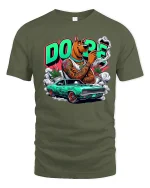 Dope Street Dog Muscle Car Graphic T Shirt Urban Cartoon Style - military green t-shirt on white background