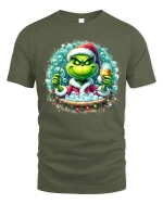 Grinch Christmas Bubble Bath Party Graphic Tee With Wine Humor - military green t-shirt on white background