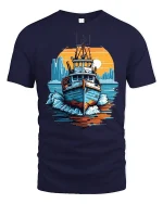 Vintage Fishing Boat Ocean Sunset Graphic T Shirt Nautical Art Tee - navy t-shirt on white background