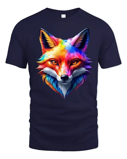 Colorful Watercolor Fox Face Artistic Wildlife Graphic Tee Shirt - navy t-shirt on white background