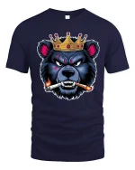 Crowned Savage Bear Smoking Cigar Fierce Attitude Graphic Tee Shirt - navy t-shirt on white background