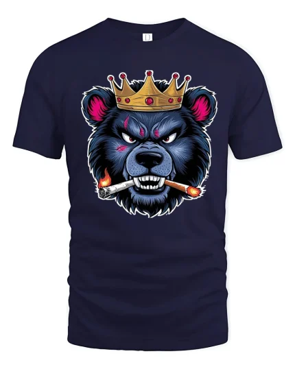 Crowned Savage Bear Smoking Cigar Fierce Attitude Graphic Tee Shirt - navy t-shirt on white background