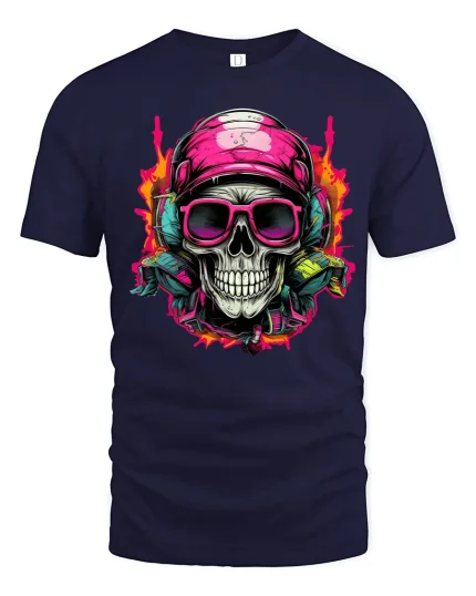 Neon Skull DJ Headphones Street Art Music Graphic Tee - navy t-shirt on white background