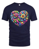 Colorful Floral Heart Art Graphic Tee With Vibrant Joyful Energy - navy t-shirt on white background
