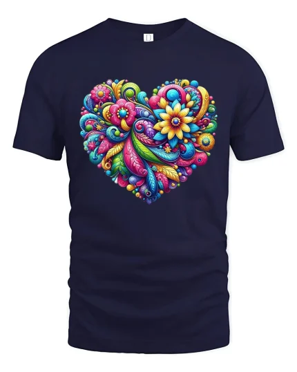 Colorful Floral Heart Art Graphic Tee With Vibrant Joyful Energy - navy t-shirt on white background