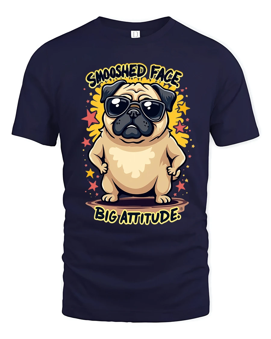 Smooshed Face Big Attitude Funny Pug Graphic Tee With Cool Vibes - 1 Smooshed Face Big Attitude Funny Pug Graphic Tee With Cool Vibes - navy t-shirt on white background
