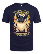 Smooshed Face Big Attitude Funny Pug Graphic Tee With Cool Vibes - navy t-shirt on white background