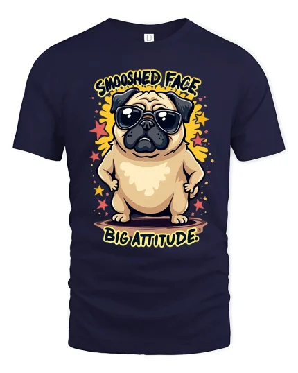 Smooshed Face Big Attitude Funny Pug Graphic Tee With Cool Vibes - navy t-shirt on white background
