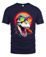 Cool Sunglasses T Rex Roar Graphic Tee With Retro Sunset Vibes - navy t-shirt on white background