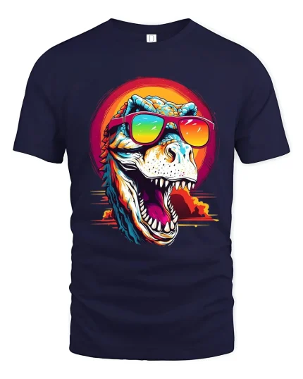 Cool Sunglasses T Rex Roar Graphic Tee With Retro Sunset Vibes - navy t-shirt on white background
