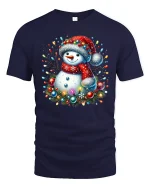 Cute Christmas Snowman With Lights Graphic T Shirt Festive Cheer Tee - navy t-shirt on white background