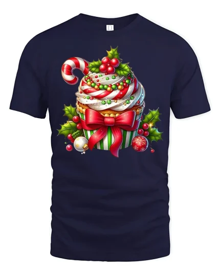 Festive Christmas Cupcake Candy Cane Holiday Delight Graphic Tee - navy t-shirt on white background