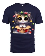 Cute Christmas Kitten In Gift Box With Twinkling Lights Graphic Tee - navy t-shirt on white background