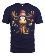 Funny Christmas Moose With Tangled Ornaments Festive Graphic Tee - navy t-shirt on white background