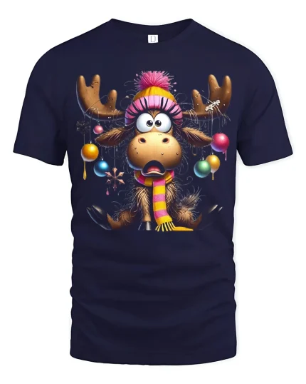Funny Christmas Moose With Tangled Ornaments Festive Graphic Tee - navy t-shirt on white background