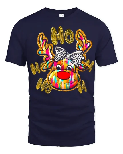 Ho Ho Ho Colorful Reindeer With Bow Funny Christmas Graphic Tee - navy t-shirt on white background