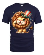 Cute Patriotic Lion With Uncle Sam Hat Funny Cartoon Graphic Tee - navy t-shirt on white background