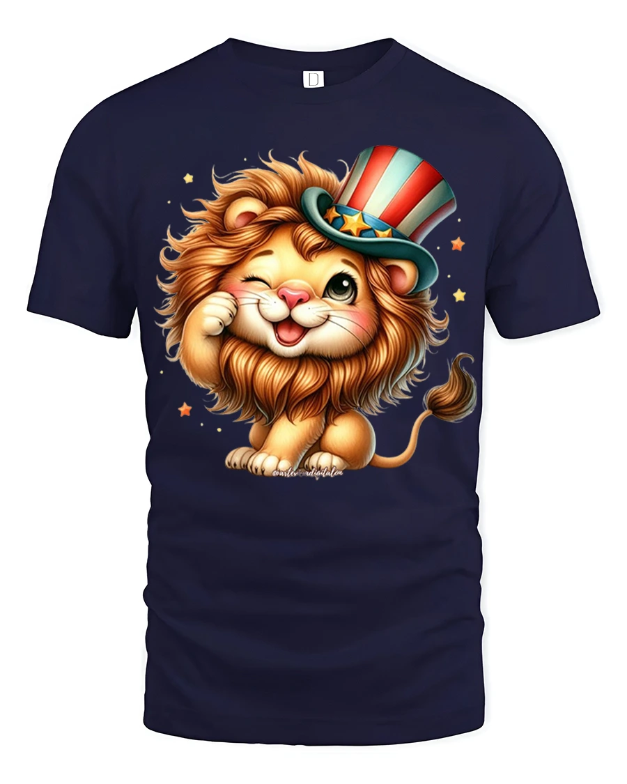 Cute Patriotic Lion With Uncle Sam Hat Funny Cartoon Graphic Tee - 1 Cute Patriotic Lion With Uncle Sam Hat Funny Cartoon Graphic Tee - navy t-shirt on white background