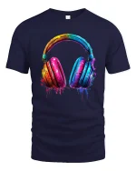 Colorful Paint Splash Headphones Music Lover Artistic Graphic Tee - navy t-shirt on white background