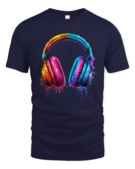 Colorful Paint Splash Headphones Music Lover Artistic Graphic Tee - navy t-shirt on white background