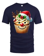 Funny Christmas Cupcake With Santa Hat Graphic T Shirt Sweet Tee - navy t-shirt on white background