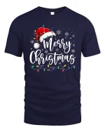 Merry Christmas Script With Santa Hat Graphic T Shirt Festive Tee - navy t-shirt on white background