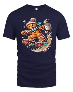 Gingerbread Skater With Hot Cocoa Funny Christmas Graphic T Shirt - navy t-shirt on white background