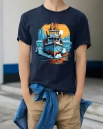 Vintage Fishing Boat Ocean Sunset Graphic T Shirt Nautical Art Tee - model wearing navy tee with hands in pockets