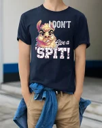 I Dont Give a Spit Funny Llama Attitude Graphic Tee Shirt - model wearing navy tee with hands in pockets