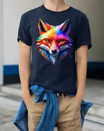 Colorful Watercolor Fox Face Artistic Wildlife Graphic Tee Shirt - model wearing navy tee with hands in pockets