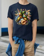 Colorful Songbird Garden Floral Art Nature Illustration Graphic Tee - model wearing navy tee with hands in pockets