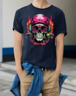Neon Skull DJ Headphones Street Art Music Graphic Tee - model wearing navy tee with hands in pockets