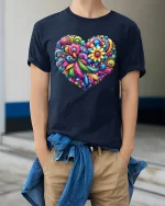 Colorful Floral Heart Art Graphic Tee With Vibrant Joyful Energy - model wearing navy tee with hands in pockets