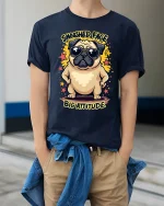 Smooshed Face Big Attitude Funny Pug Graphic Tee With Cool Vibes - model wearing navy tee with hands in pockets