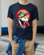 Cool Sunglasses T Rex Roar Graphic Tee With Retro Sunset Vibes - model wearing navy tee with hands in pockets