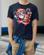 Cute Santa And Little Girl Christmas Candy Magic Graphic Tee - model wearing navy tee with hands in pockets