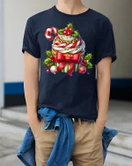 Festive Christmas Cupcake Candy Cane Holiday Delight Graphic Tee - model wearing navy tee with hands in pockets