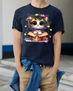 Cute Christmas Kitten In Gift Box With Twinkling Lights Graphic Tee - model wearing navy tee with hands in pockets
