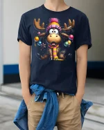 Funny Christmas Moose With Tangled Ornaments Festive Graphic Tee - model wearing navy tee with hands in pockets