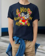 Ho Ho Ho Colorful Reindeer With Bow Funny Christmas Graphic Tee - model wearing navy tee with hands in pockets