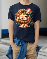 Cute Patriotic Lion With Uncle Sam Hat Funny Cartoon Graphic Tee - model wearing navy tee with hands in pockets