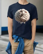 Funny Fluffy Sheep Graphic T Shirt Cute Woolly Animal Art Tee - model wearing navy tee with hands in pockets