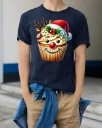Funny Christmas Cupcake With Santa Hat Graphic T Shirt Sweet Tee - model wearing navy tee with hands in pockets