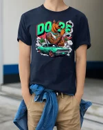 Dope Street Dog Muscle Car Graphic T Shirt Urban Cartoon Style - model wearing navy tee with hands in pockets