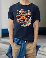 Gingerbread Skater With Hot Cocoa Funny Christmas Graphic T Shirt - model wearing navy tee with hands in pockets