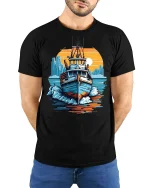 Vintage Fishing Boat Ocean Sunset Graphic T Shirt Nautical Art Tee - model wearing black tee with hands behind back