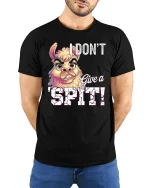 I Dont Give a Spit Funny Llama Attitude Graphic Tee Shirt - model wearing black tee with hands behind back
